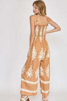Umgee Mocha Smocked Printed Wide Leg Jumpsuit