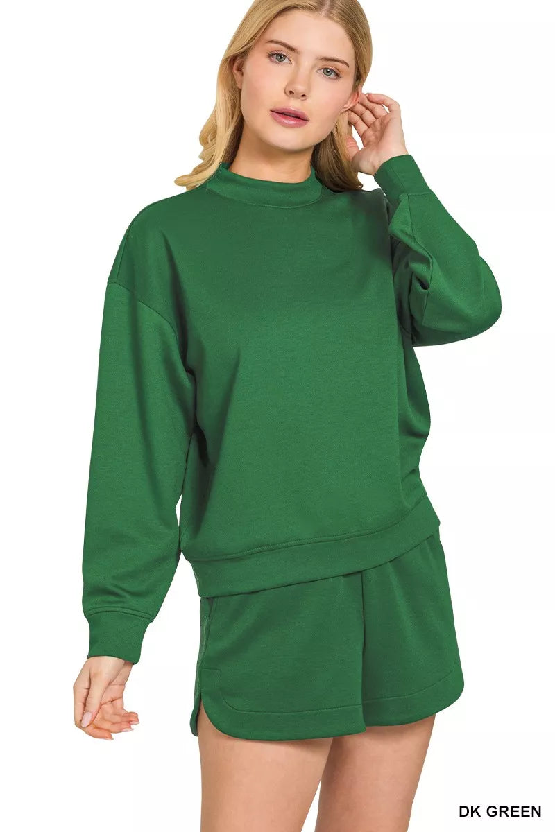 Zenana Dark Green Scuba Long Sleeve Sweatshirt and Shorts Set