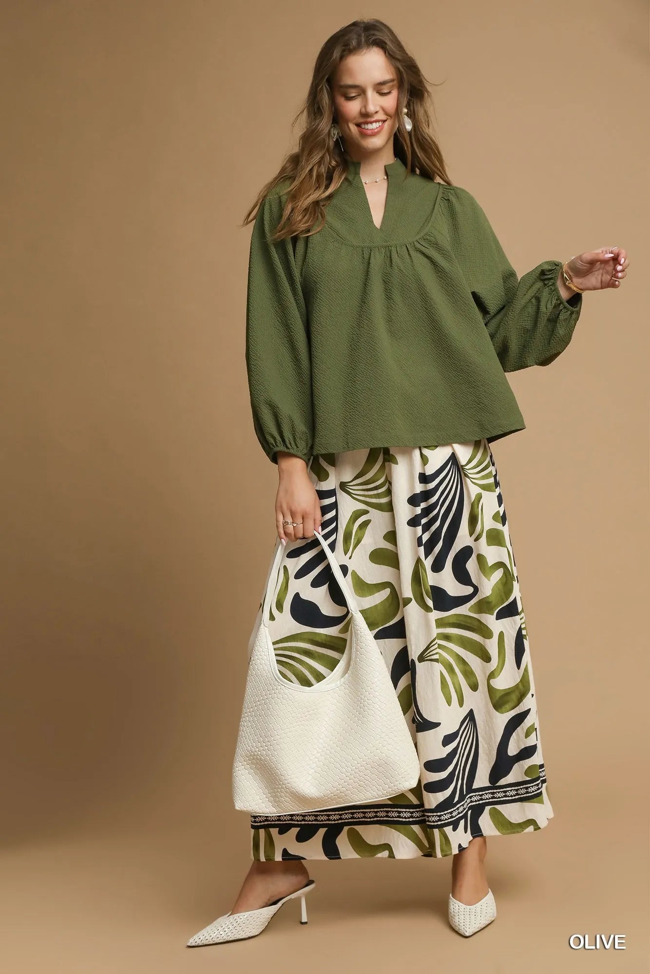 Umgee Olive Textured Notched Blouse with Balloon Sleeves