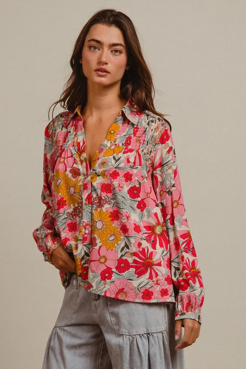BiBi Woven Floral Printed Long Sleeve Blouse