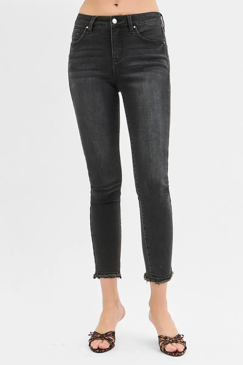 RISEN Black Washed Tummy Control Mid Rise Crop Skinny Jeans