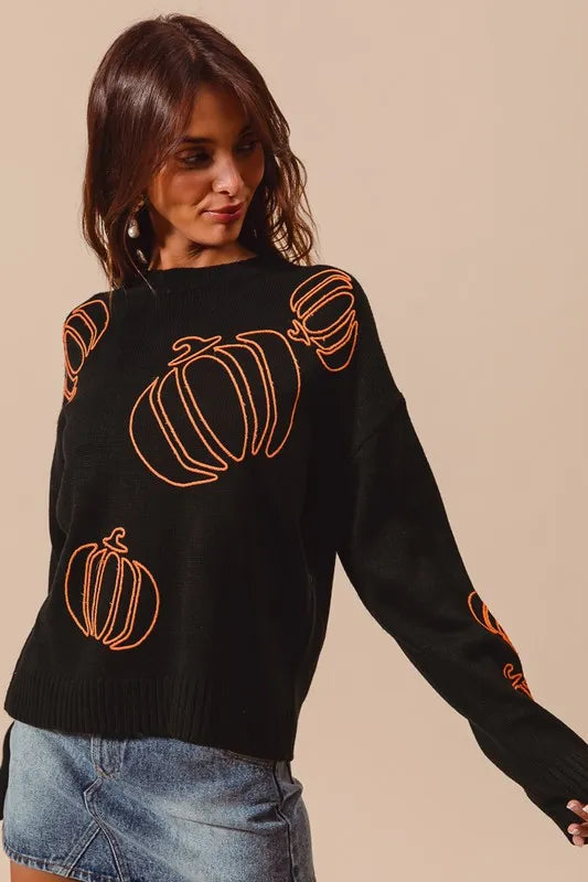 SO ME Pumpkin Embroidered Sweater