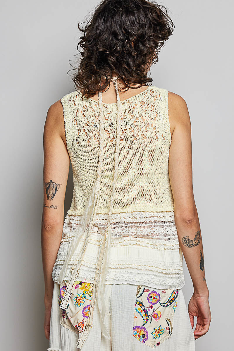 POL Lemon V-Neck Crochet Sweater Vest with Lace Trim