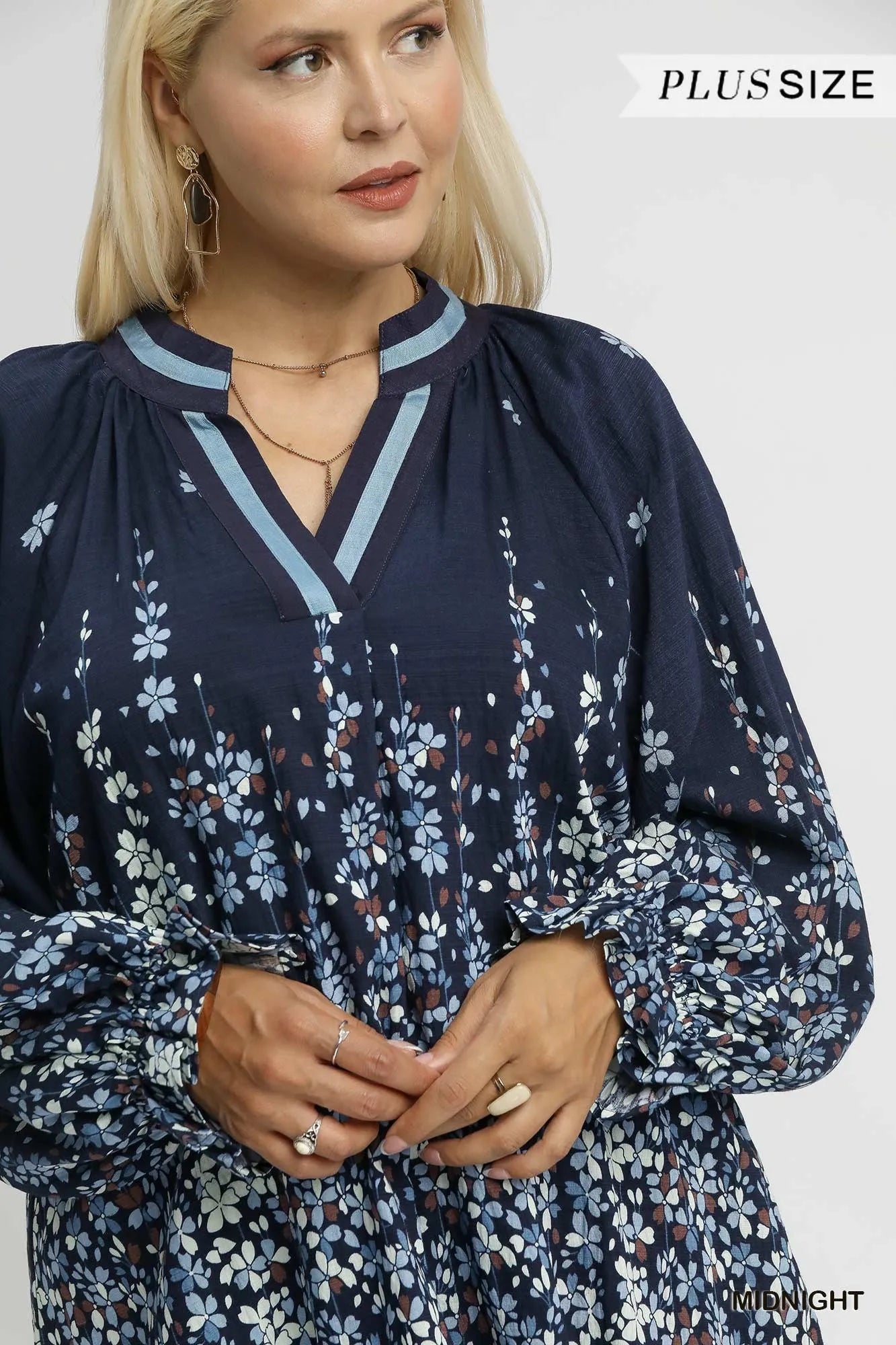 Umgee Midnight Floral Vine Print Blouse with Balloon Sleeves