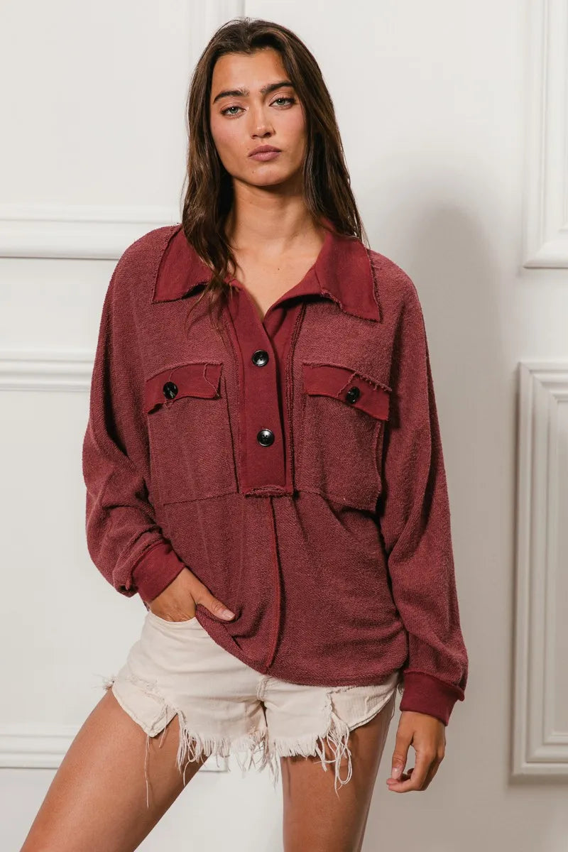 BiBi Marsala French Terry Cut Edge Detail Collared Long Sleeve Top