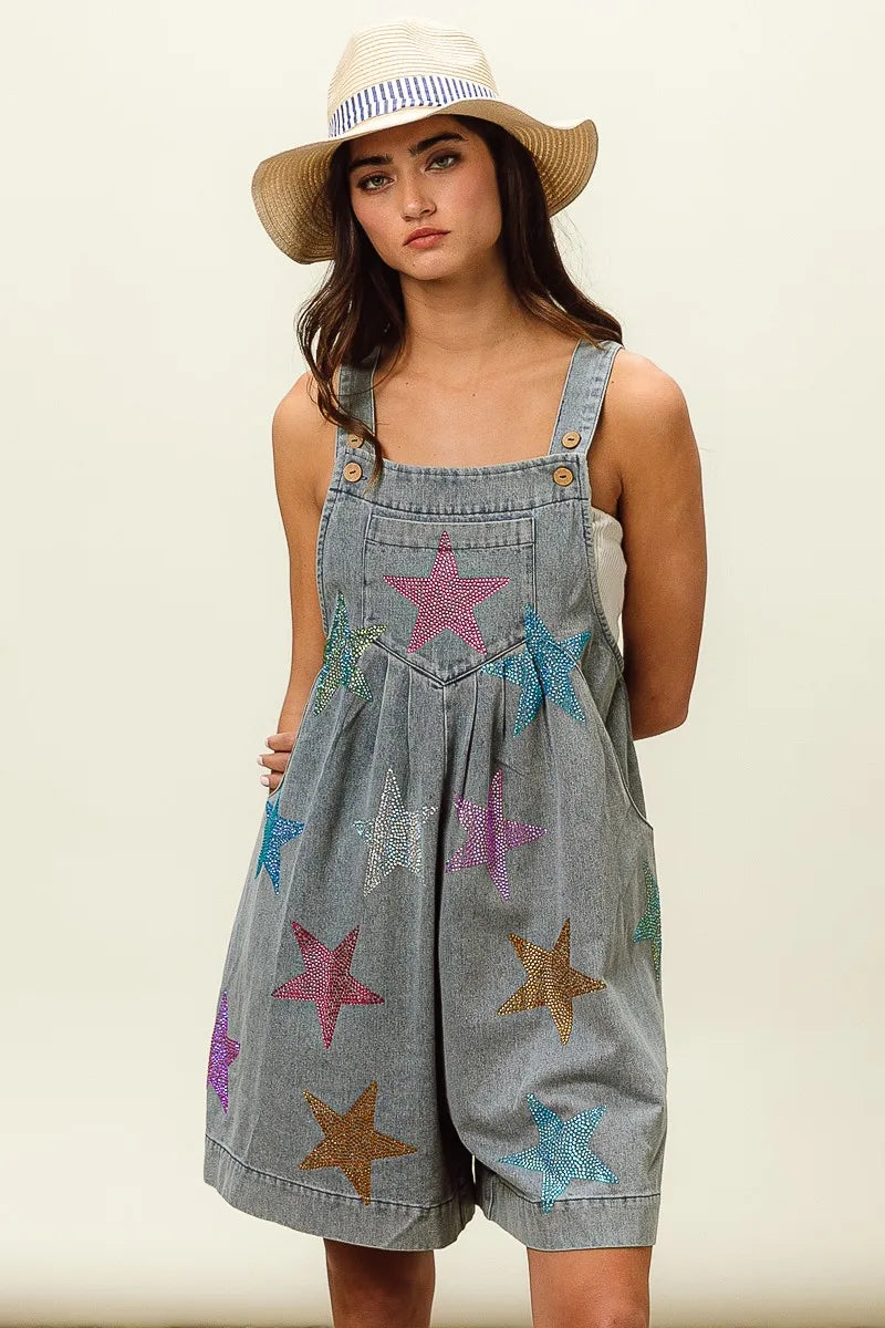 BiBi Star Rhinestone Washed Wide Leg Shortalls