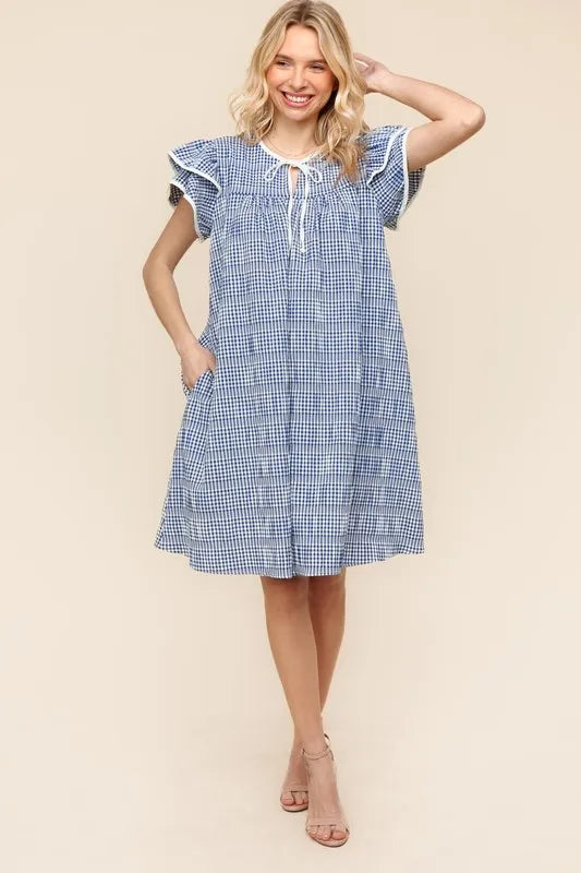 Haptics Navy Plaid Double Ruffle Sleeve Dress with Side Pockets