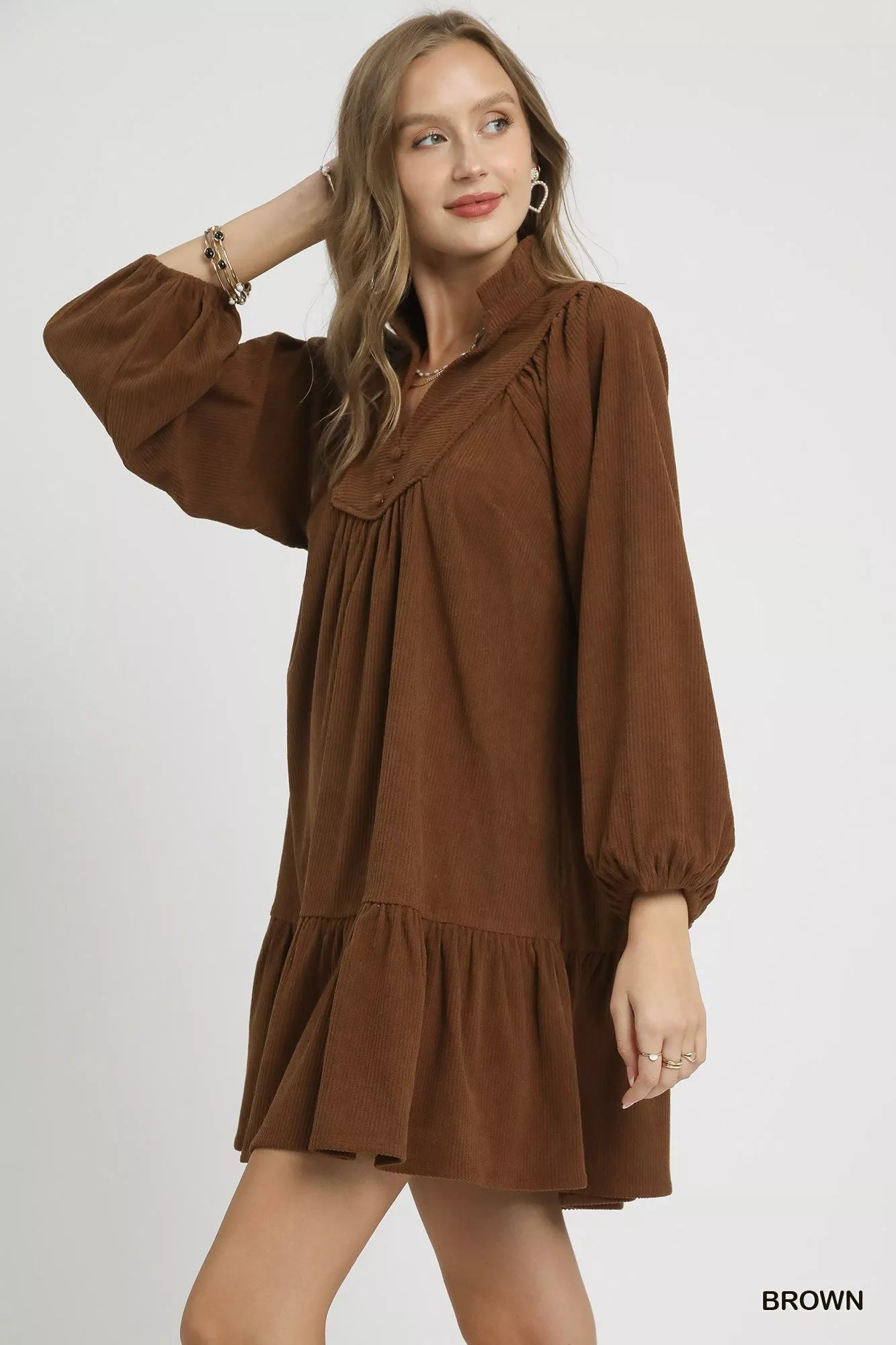 Umgee Brown Corduroy Tiered Babydoll Dress