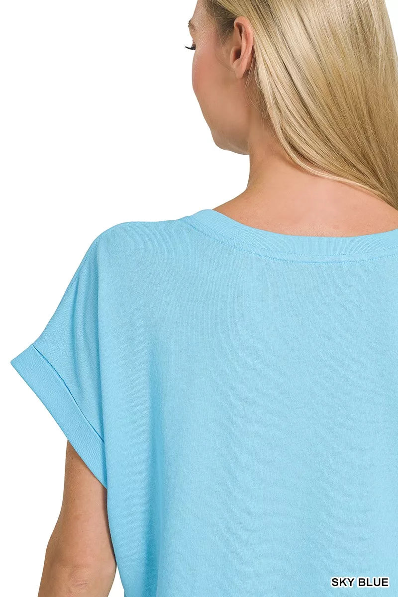 Zenana Sky Blue Cuffed Front Pocket Short Sleeve Tee