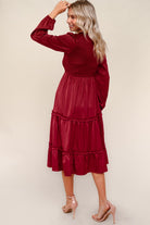 Haptics Burgundy Tiered Solid Frilled Mock Neck Satin Dress