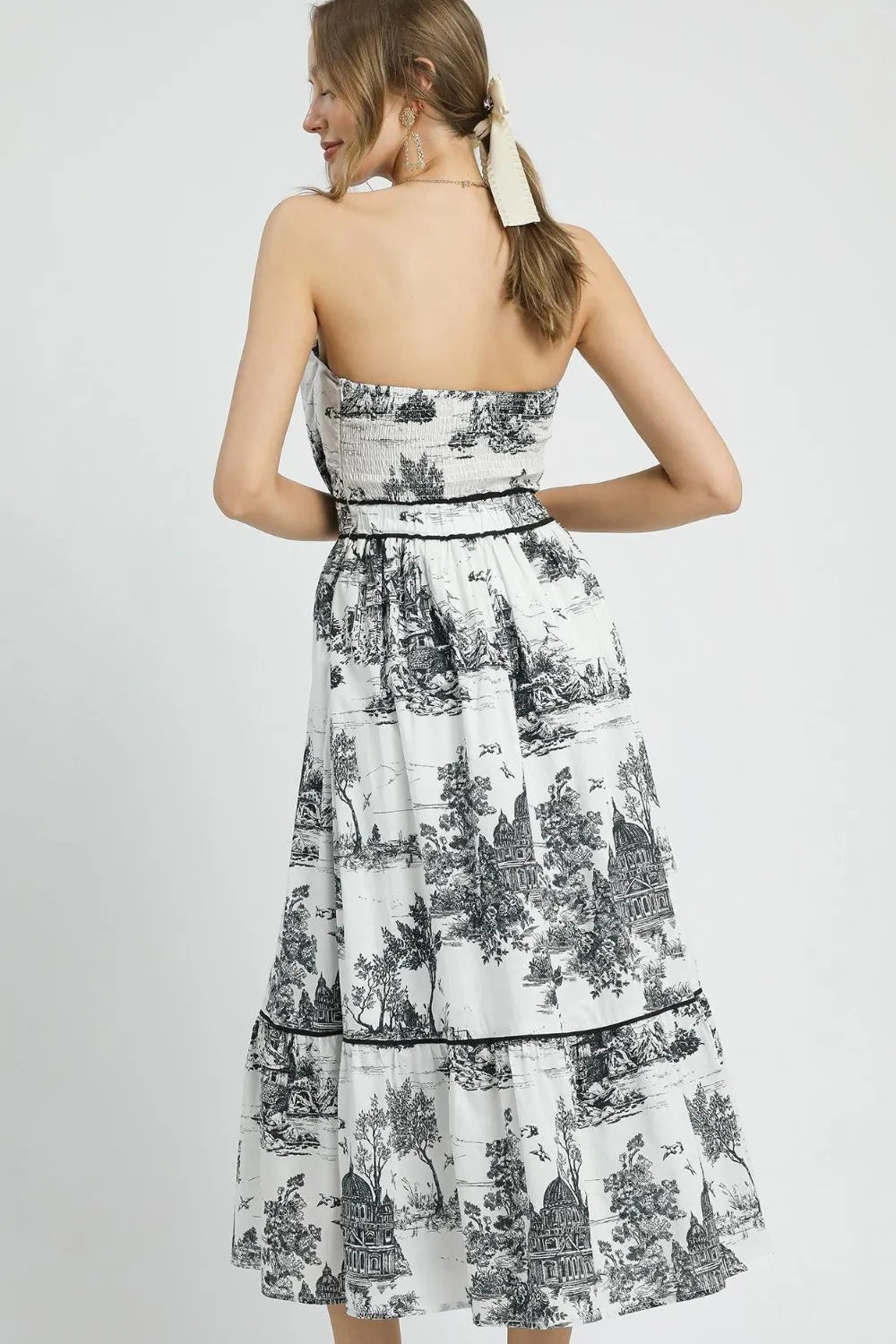 Umgee Toile de Jouy Printed Tiered Strapless Midi Dress