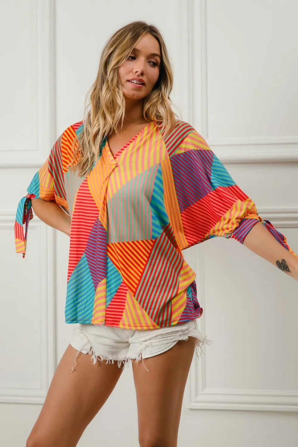 BiBi Multi Color Stripe Block Printed Jersey Blouse with Tied Sleeves RED YELLOW GRN