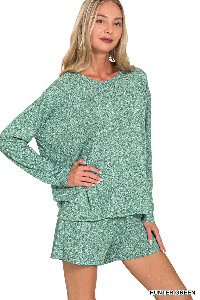 Zenana Hunter Green Soft Melange Long Sleeve Tee and Shorts Set HUNTER GREEN