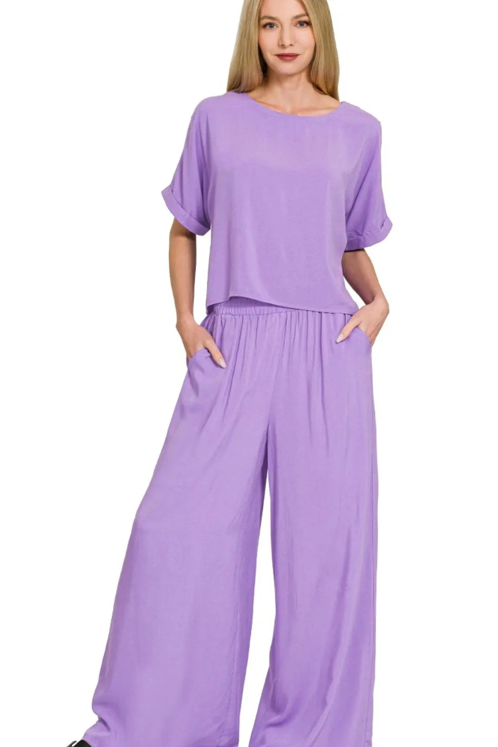 Zenana Bright Mauve Round Neck T-Shirt and Wide Leg Pants Set