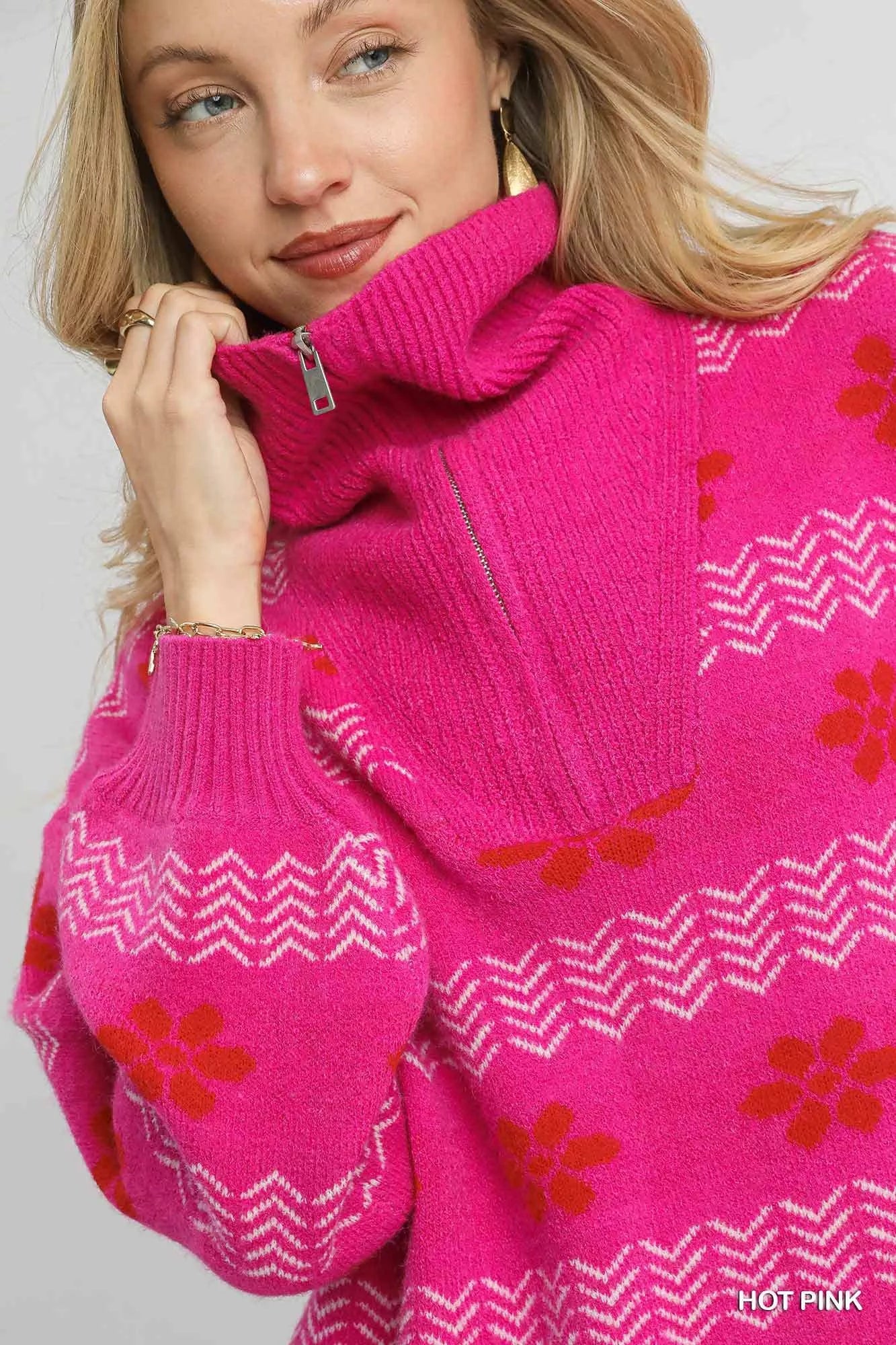 Umgee Hot Pink Floral Patterned Jacquard Quarter-Zip Pullover Sweater