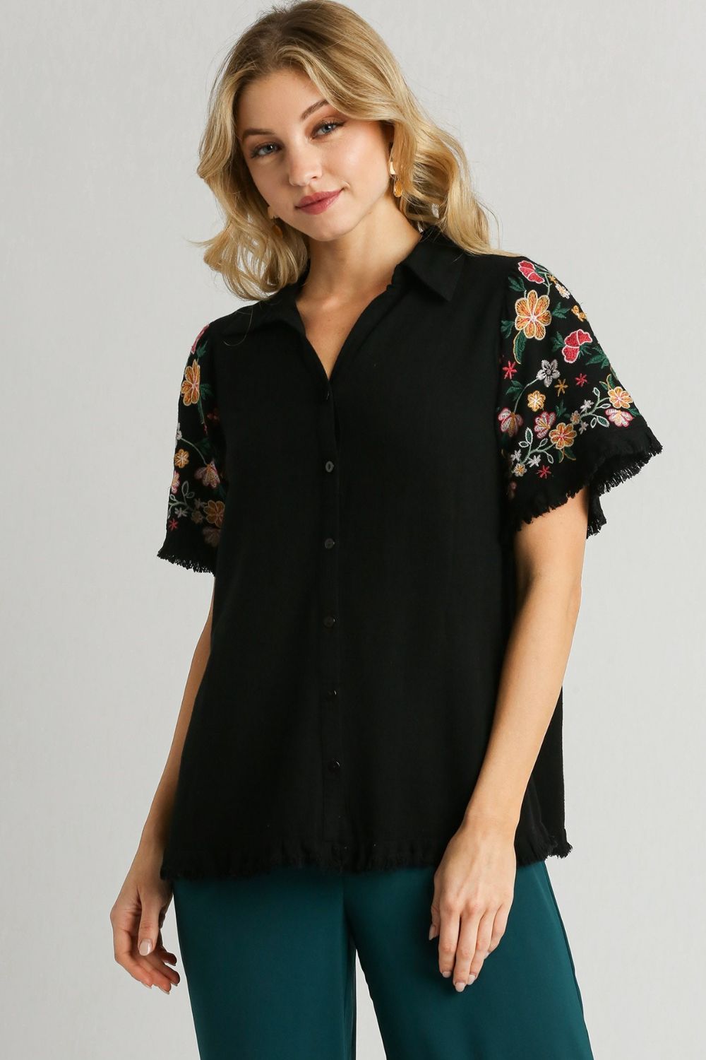 Umgee Black Linen Shirt with Embroidered Sleeves Black