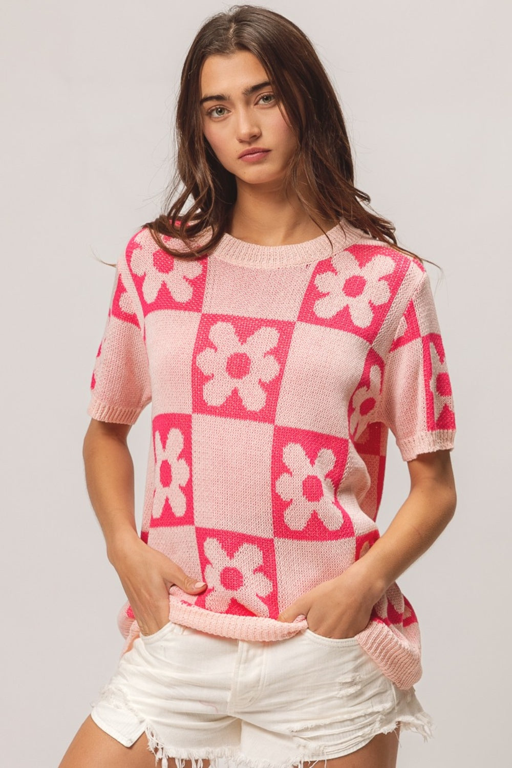 BiBi Blush Flower Checker Pattern Short Sleeve Sweater Blush Fuchsia Shirts & Tops