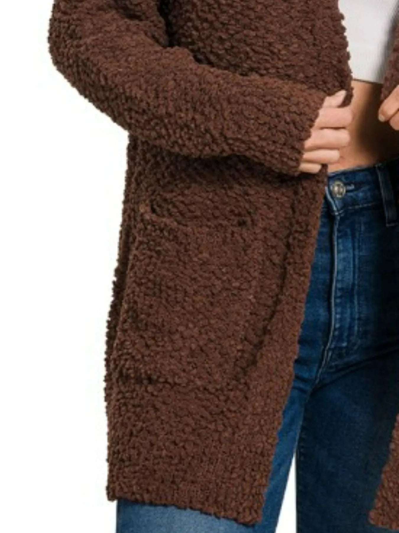 Zenana Brown Long Sleeve Popcorn Sweater Cardigan with Pockets