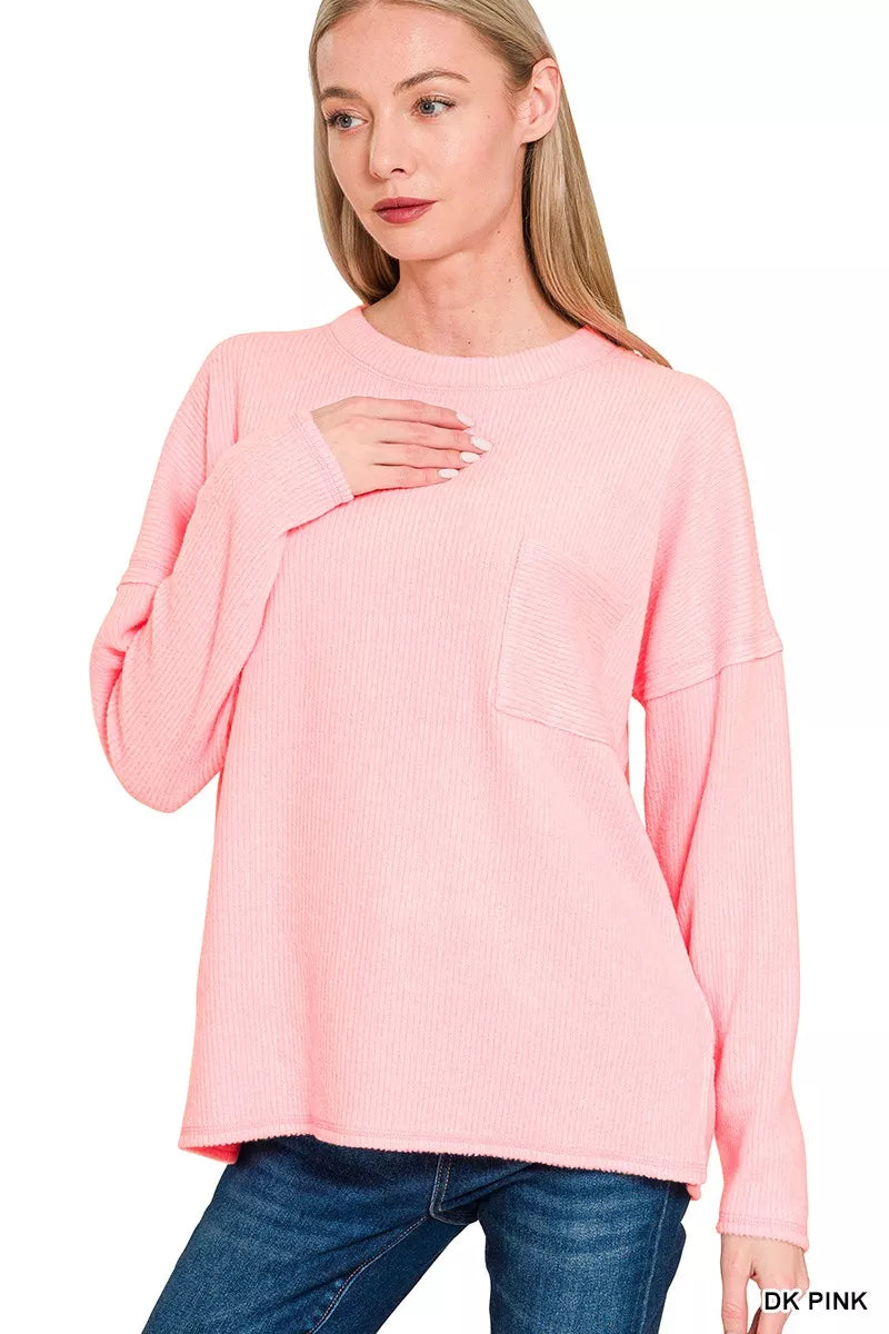 Zenana Dark Pink Ribbed Brushed Melange Hacci Sweater with Chest Pocket