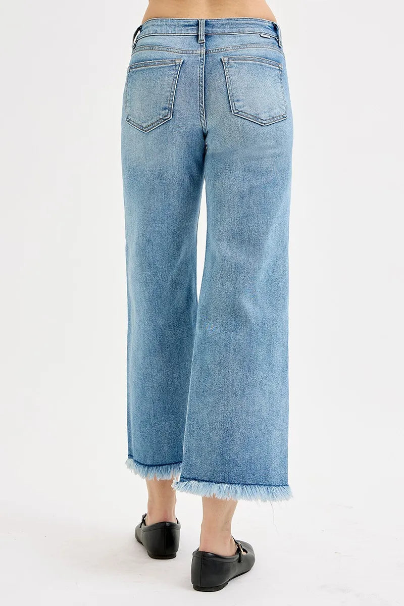 RISEN Light Washed Mid Rise Frayed Hem Crop Wide Leg Jeans
