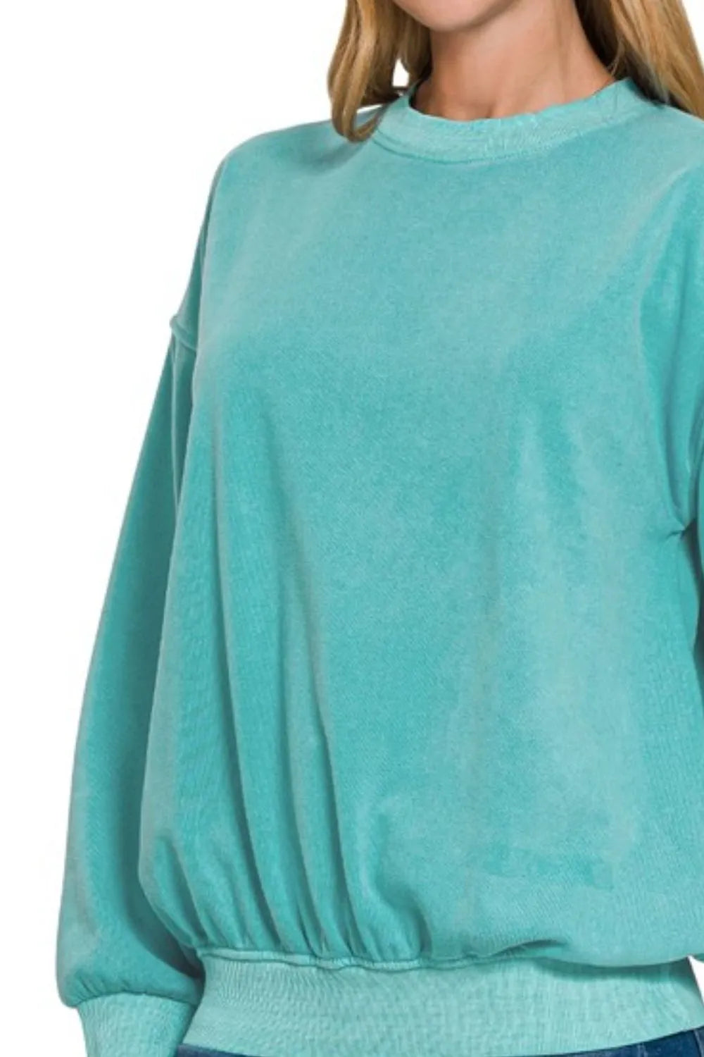 Zenana Light Teal Soft Fleece Pigment Dye Round-neck Sweatshirt