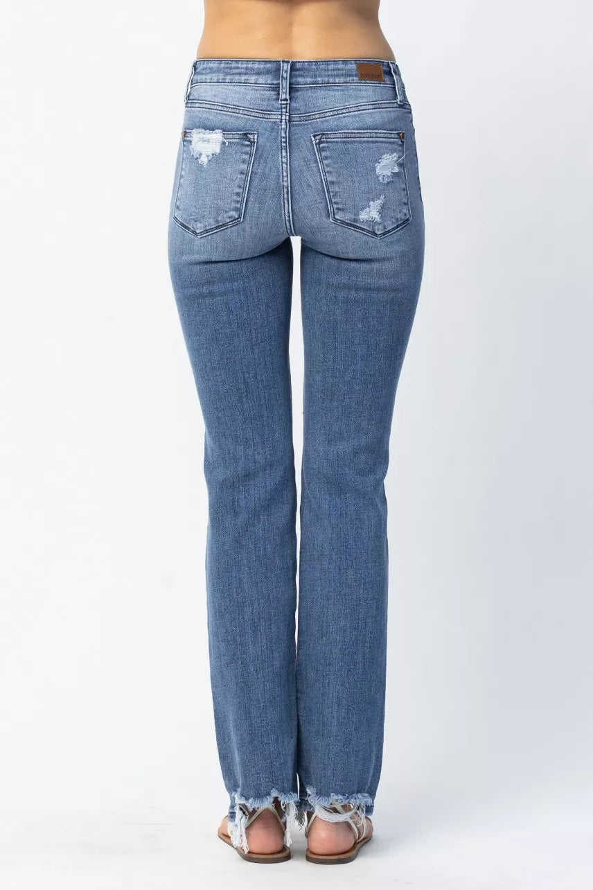 Judy Blue Medium Washed Mid Rise Destroyed Straight Jeans