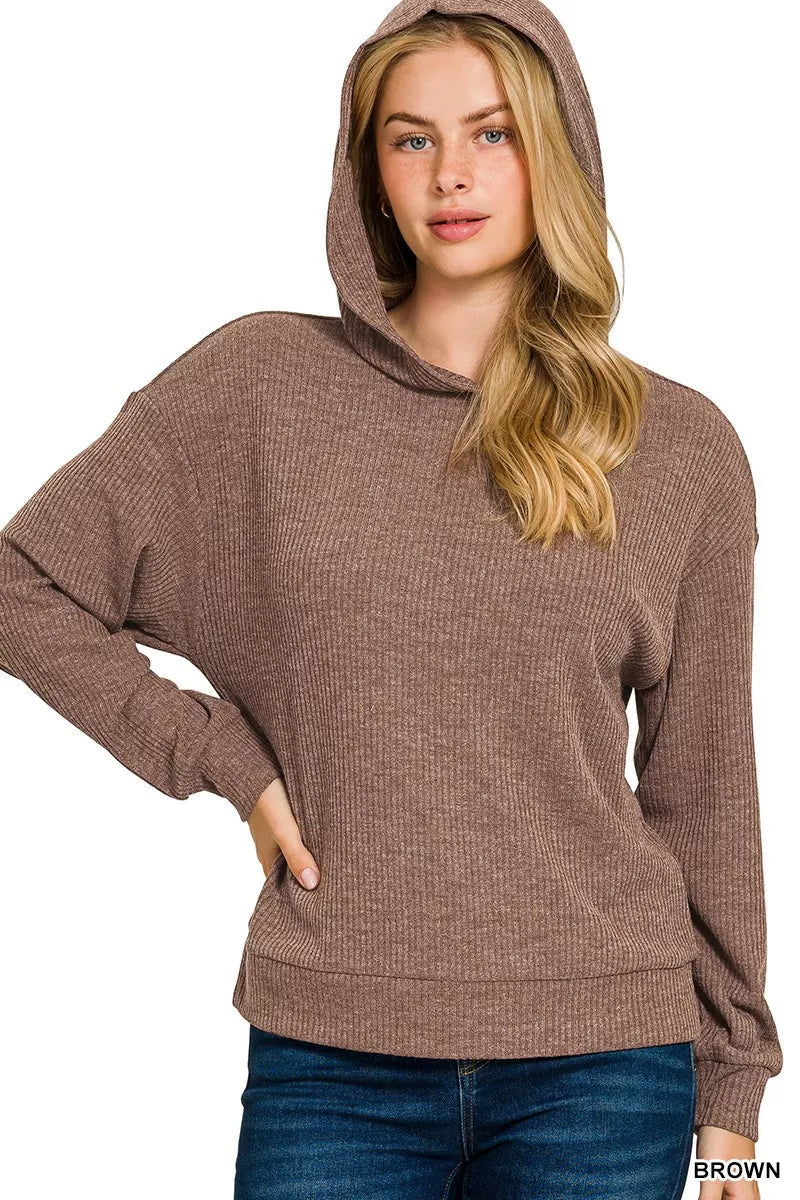 Zenana Brown Ribbed Long Sleeve Hoodie BROWN