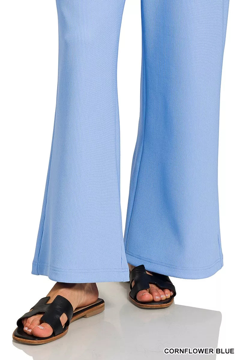 Zenana Cornflower Blue Ribbed Round Neck Pullover and Drawstring Pants Set