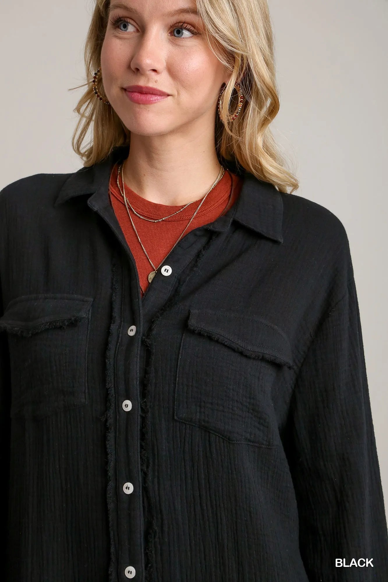 Umgee Black Cotton Gauze Button Down Shirt Dress