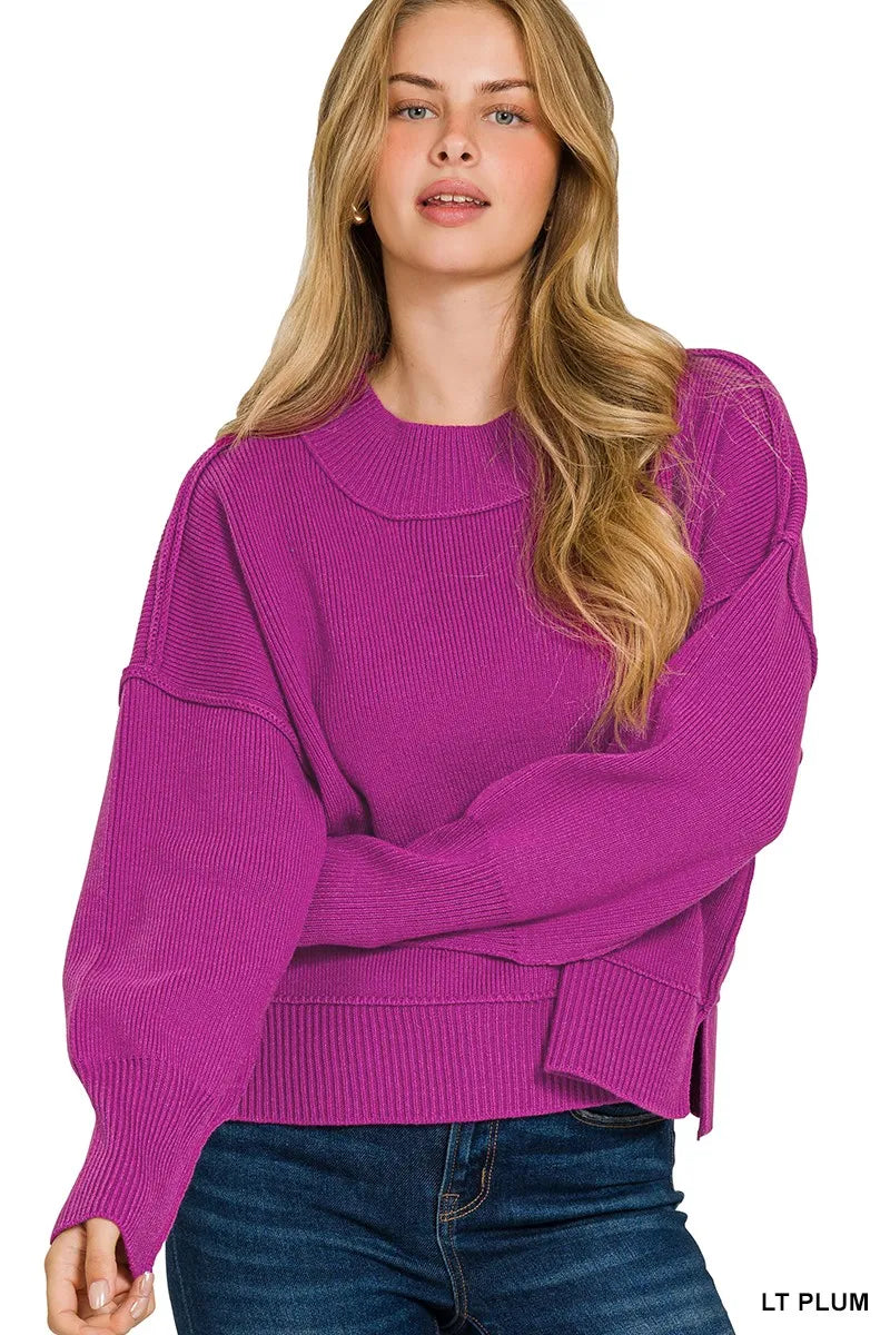 Zenana Light Plum Wide Neck Band Drop Shoulder Sweater