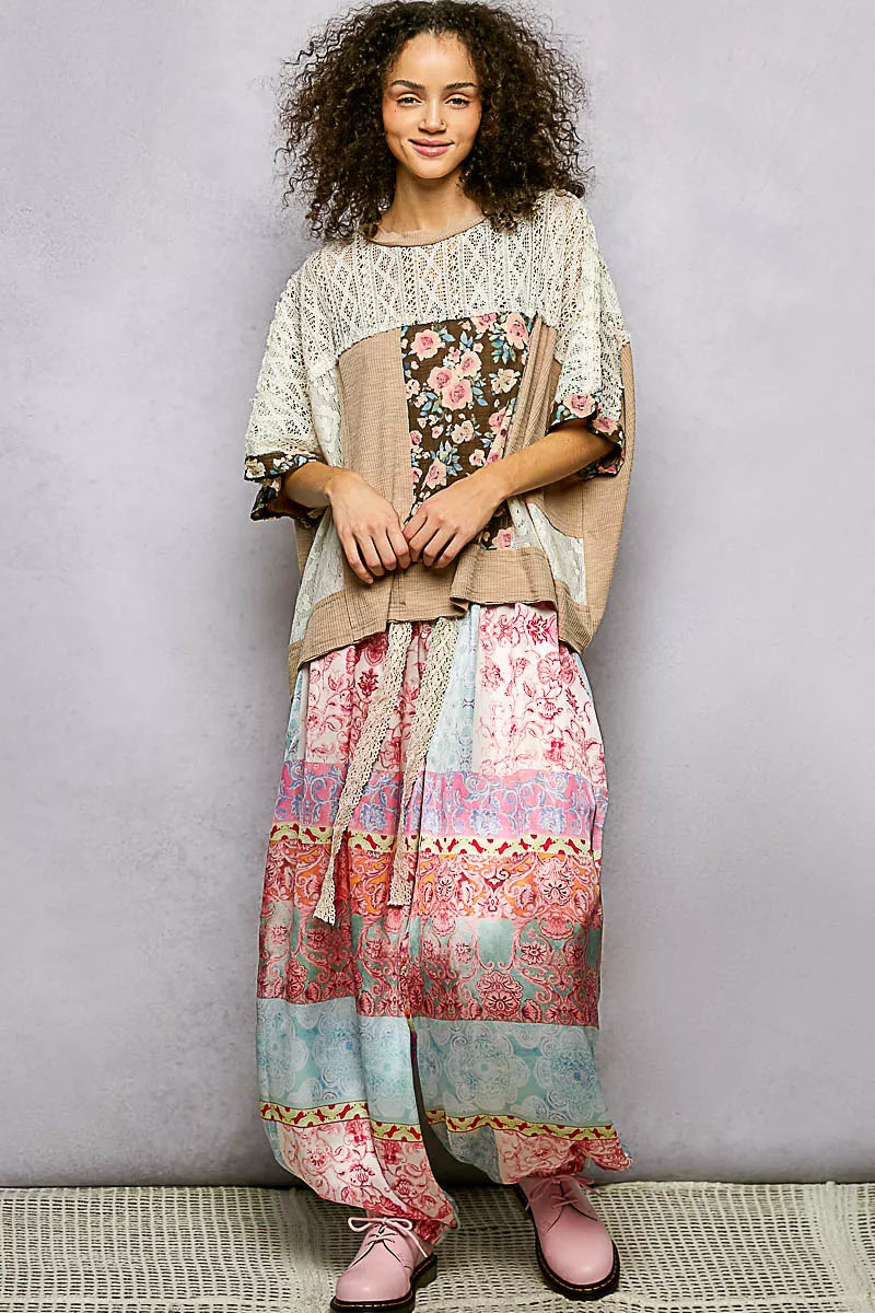 POL Dried Taupe Floral Patchwork Lace Accent Blouse