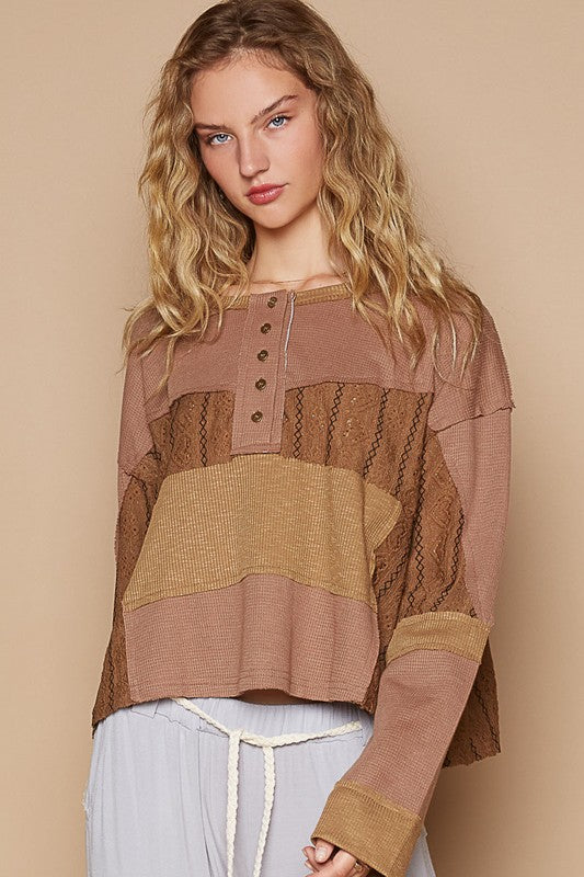 POL Dark Brown Half Button Color Block Drop Shoulder Knit Top Shirts & Tops