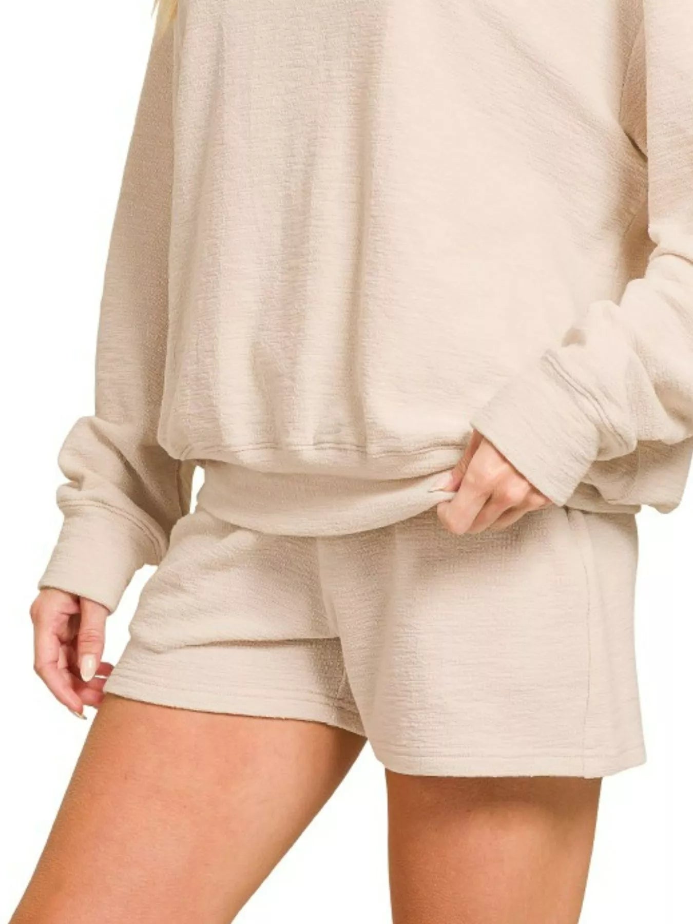 Zenana Sand Beige Slub Long Sleeve Top and Shorts Set