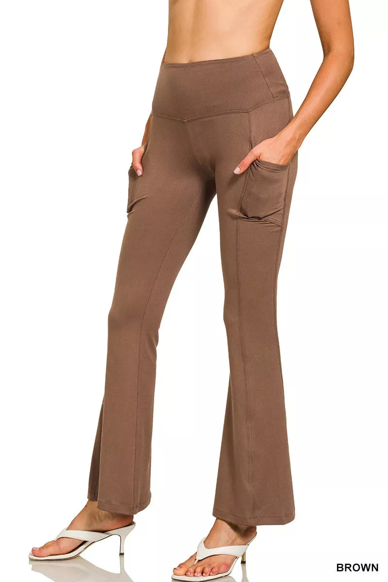 Zenana Brown Brushed Dty Microfiber Flare Pants