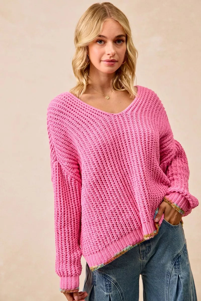 BiB Pink V-Neck Sweater with Colorful Trim