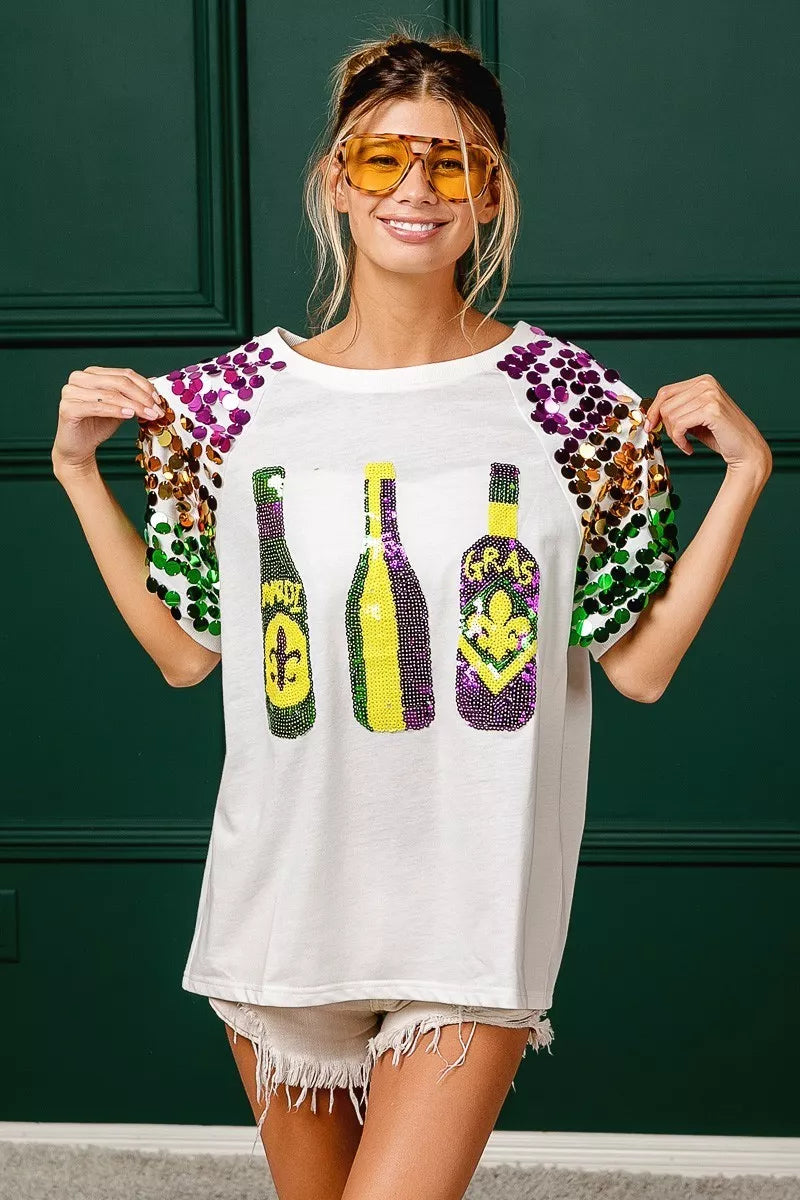 BiBi Sequin Mardi Gras Bottles Spangled Sleeve Top