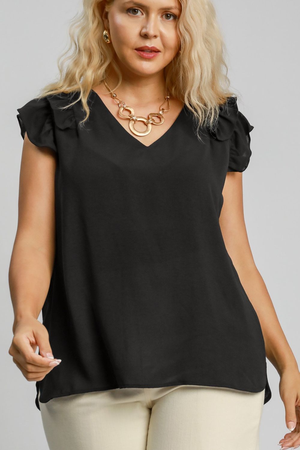Umgee Black V-Neck Double Layered Ruffle Sleeve Blouse