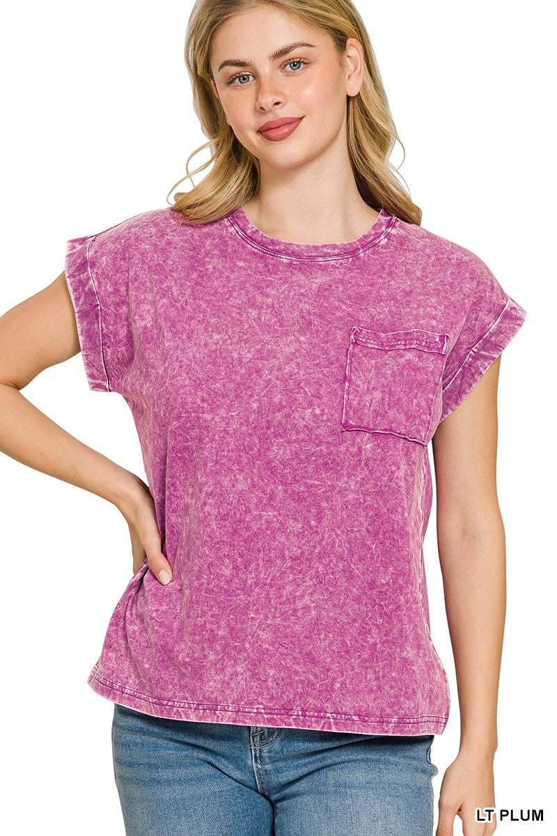 Zenana Light Plum Crinkle Washed Round Neck Folded Short Sleeve Tee LT PLUM