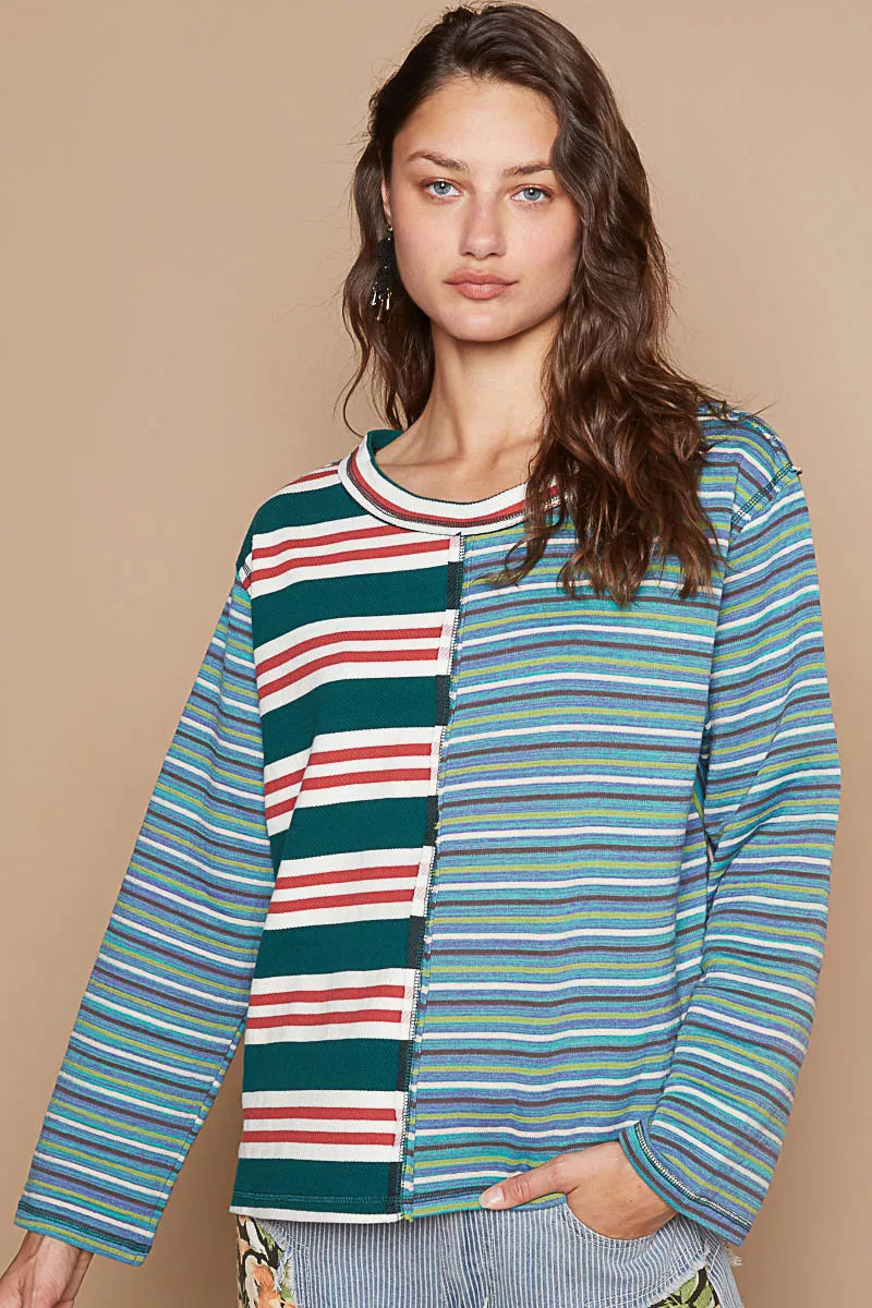 POL Green Multi Color Block Striped Round Neck Long Sleeve T-Shirt