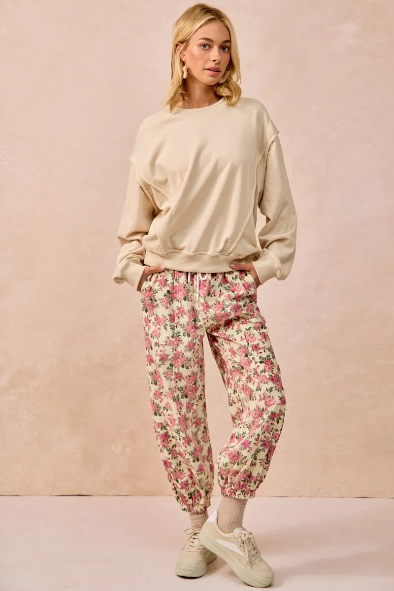 BiBi Cream & Pink Floral Printed Twill Drawstring Pants With Elastic Band