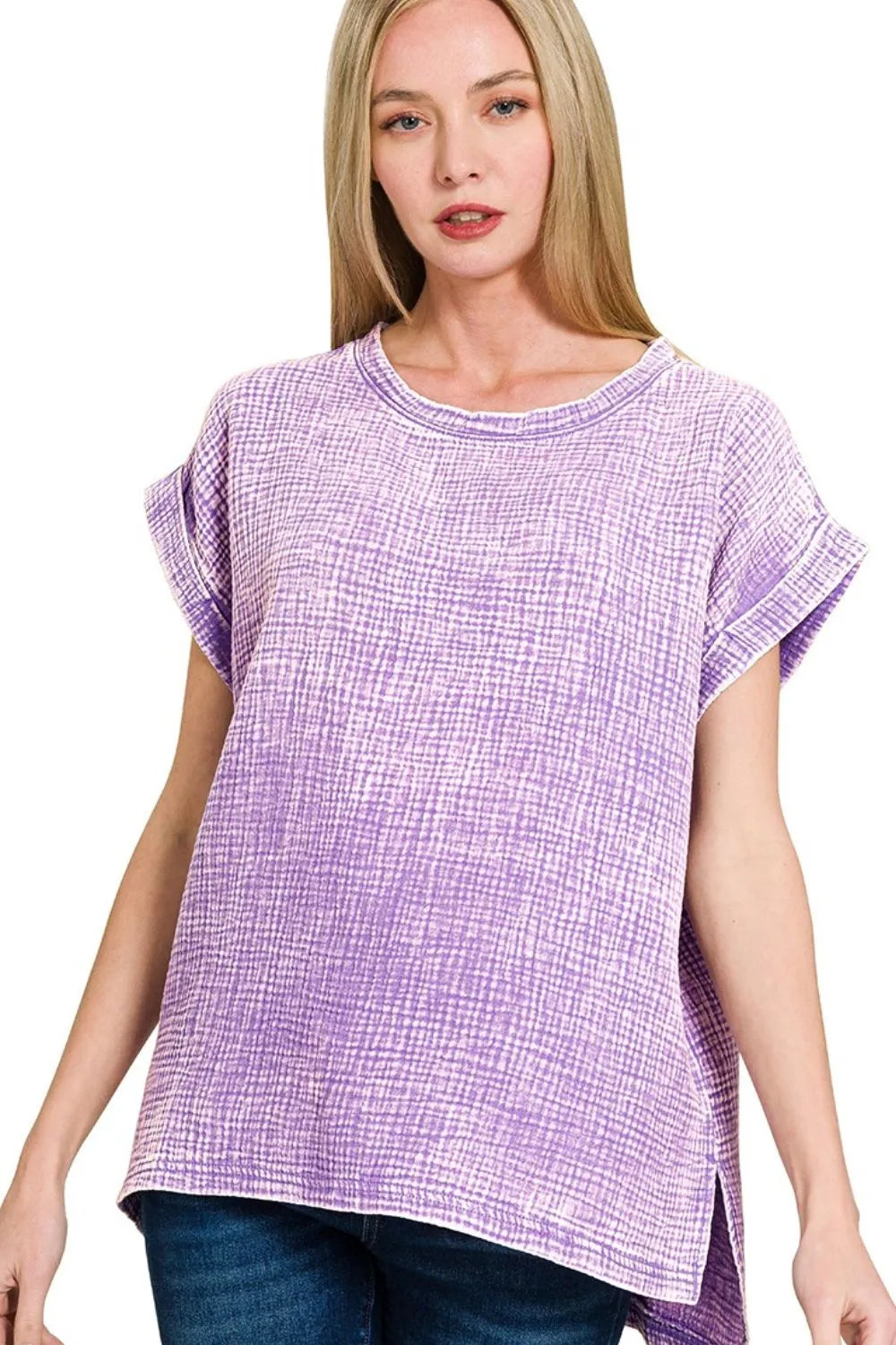 Zenana Lavender Woven Double Gauze Acid Washed Short Sleeve Top LAVENDER