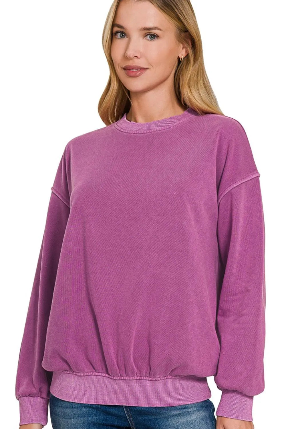 Zenana Light Plum French Terry Pigment Dye Round-neck Sweatshirt