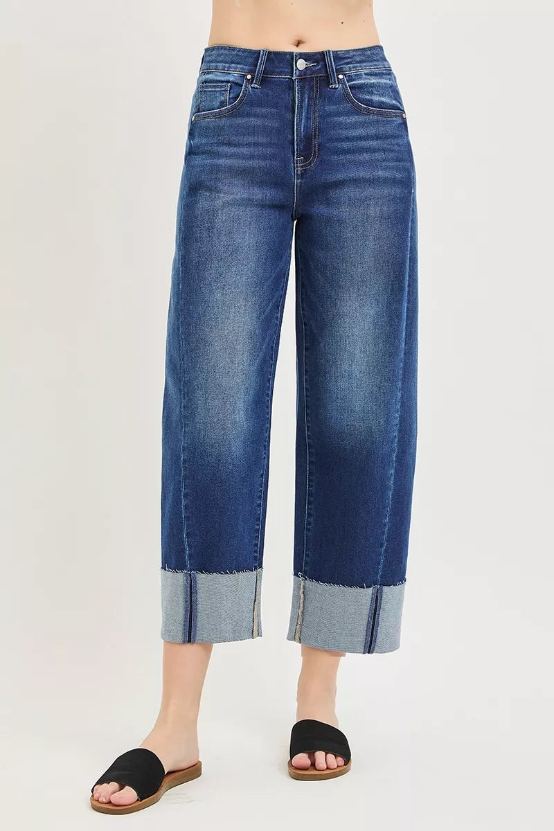 RISEN Dark Washed Slouchy Crop Barrel Cuffed Jeans