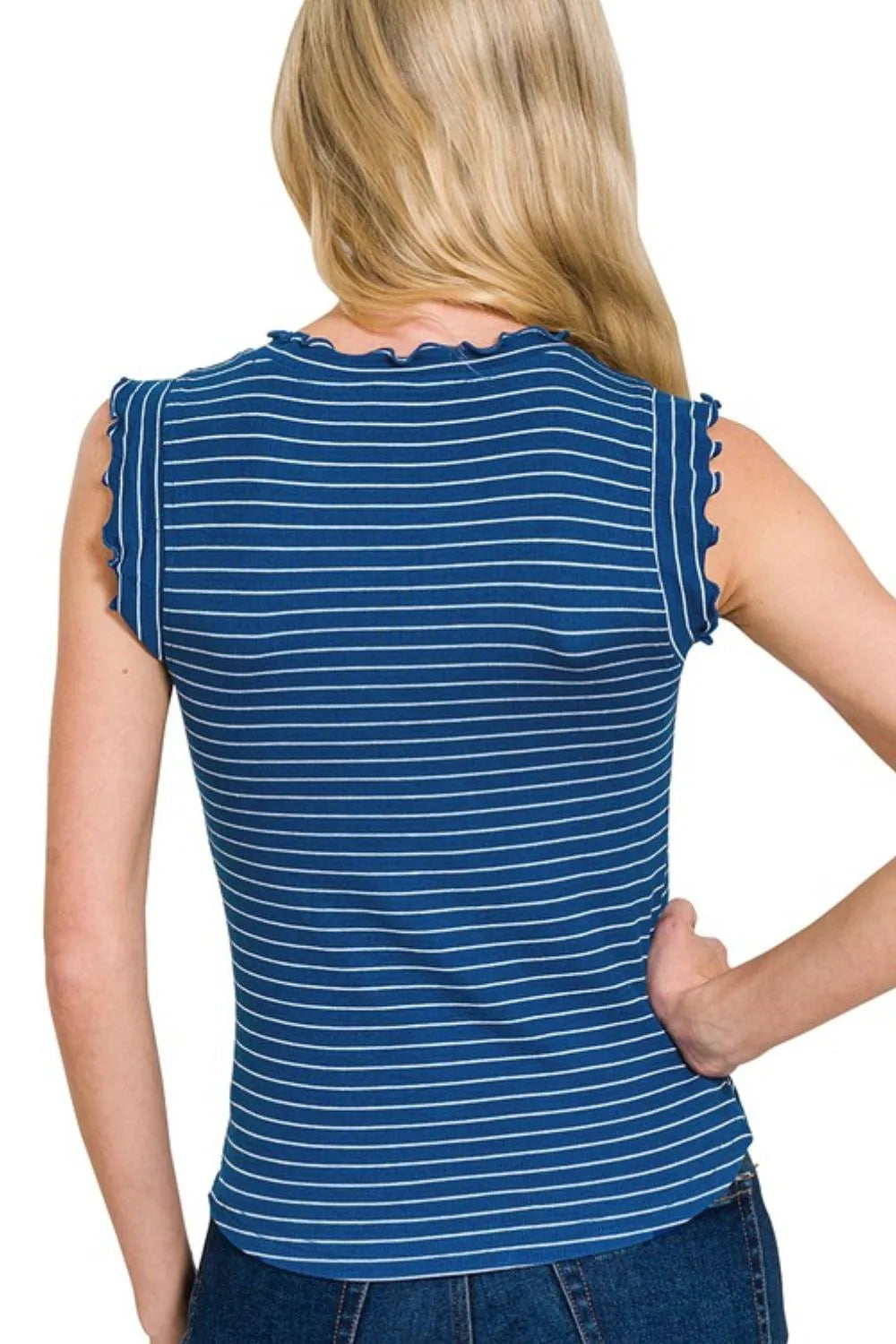 Zenana Blue & Ivory Ribbed Ruffle Trim Sleeveless Stripe Top