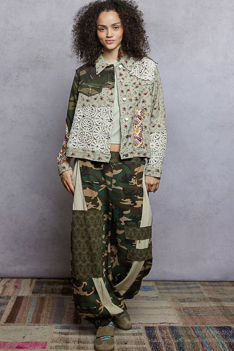 POL Olive Multi Floral Printed French Terry Jacket with Crochet Contrast Jacket