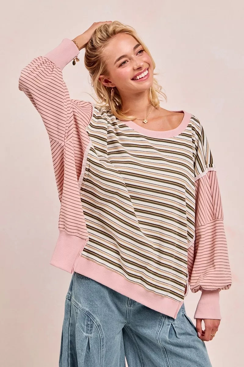 BiBi Oatmeal & Pink Stripe Mixed Top With Cut Edge And Reverse Outseams