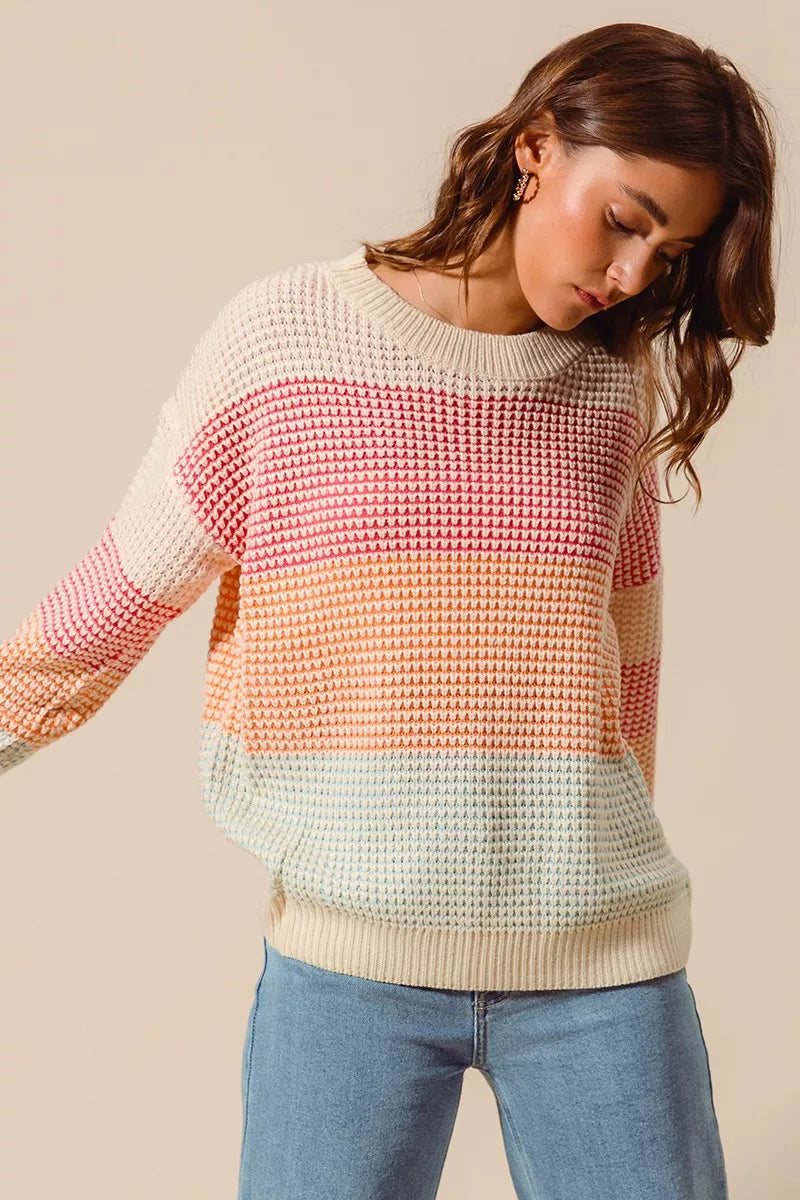 SO ME Oatmeal Combo Multi Color Block Long Sleeve Sweater