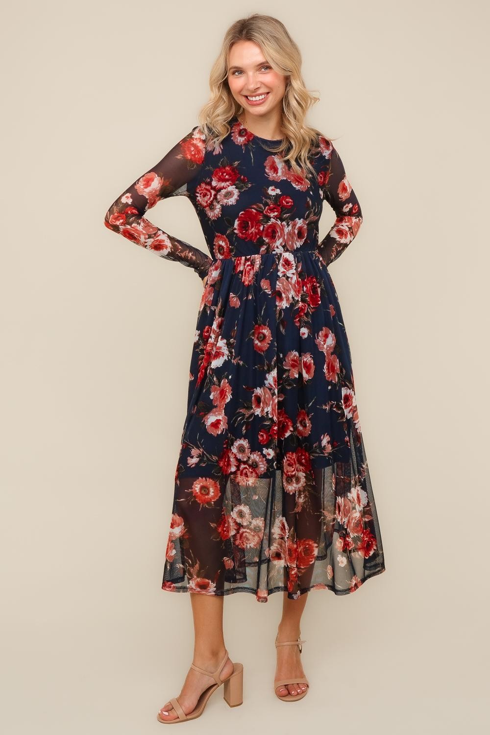 Haptics Navy Floral Mesh Midi Dress