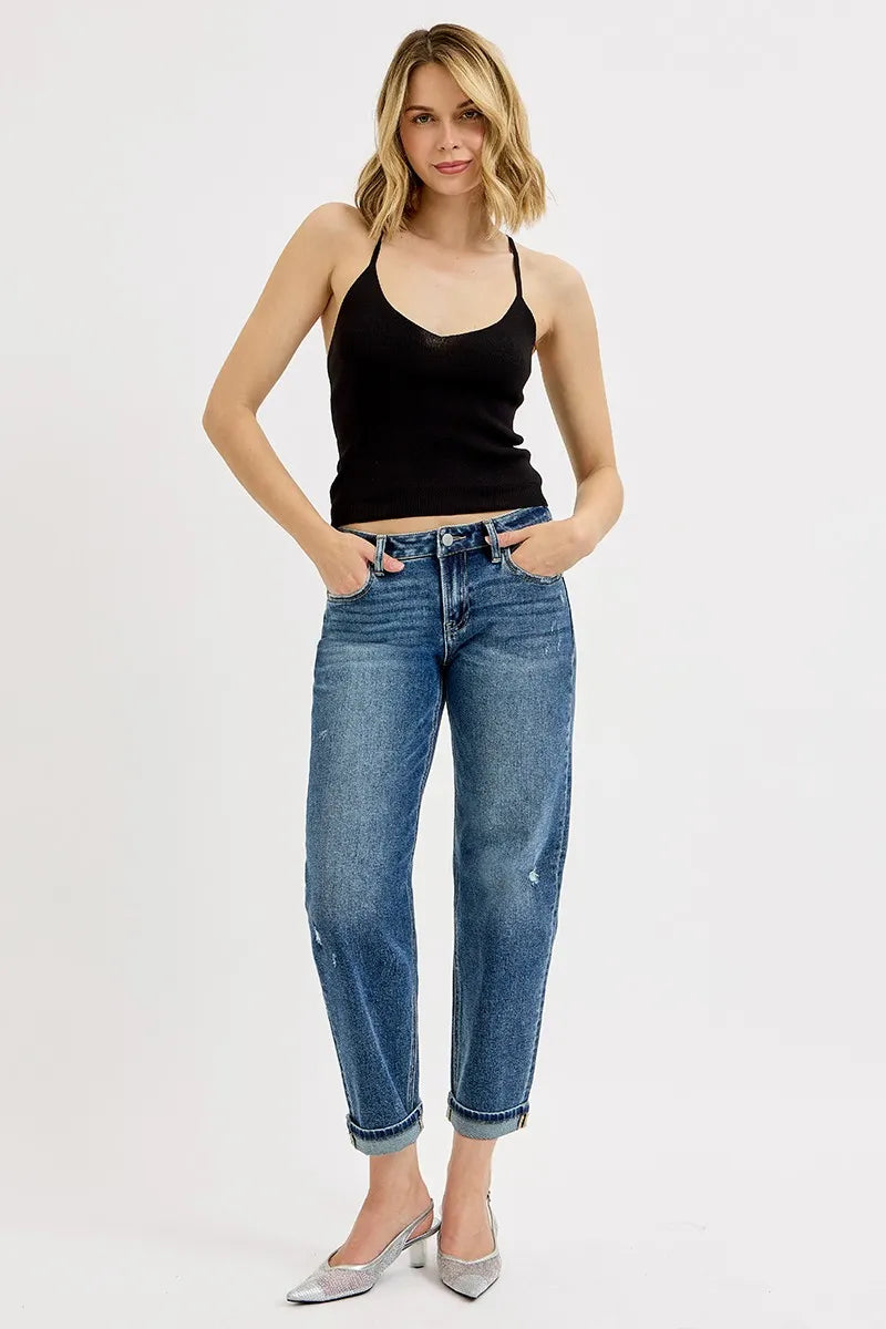 RISEN Dark Washed Low Rise Crop Boyfriend Jeans