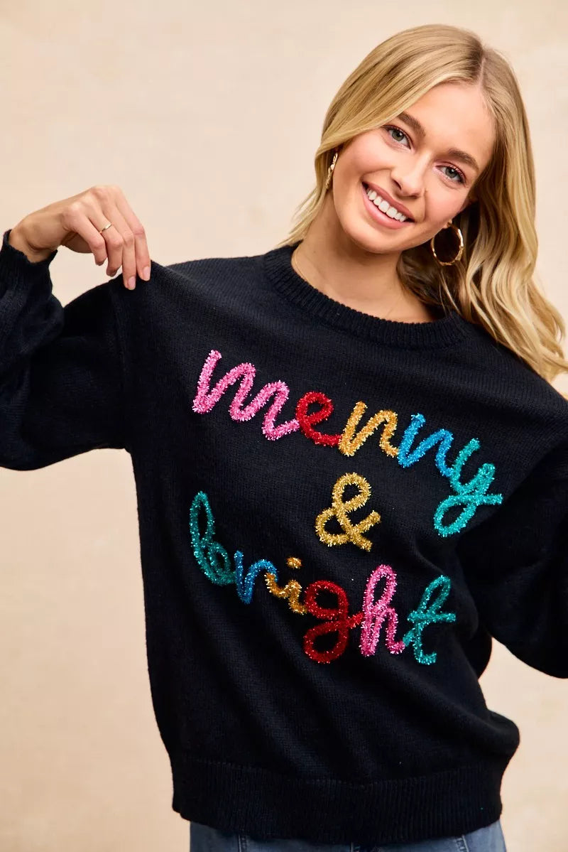 BiBi Black Tinsel Lettering Merry & Bright Christmas Sweater